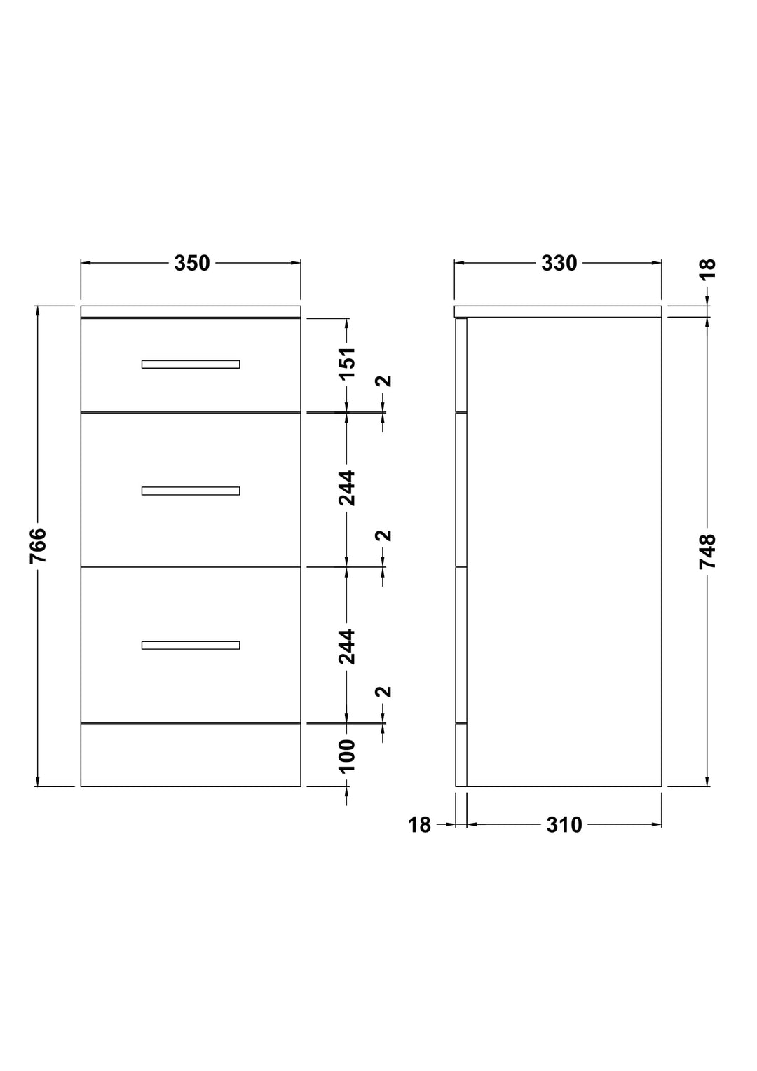 Floor Standing 3 Drawer Unit 350mm - Oslo By Voda Design