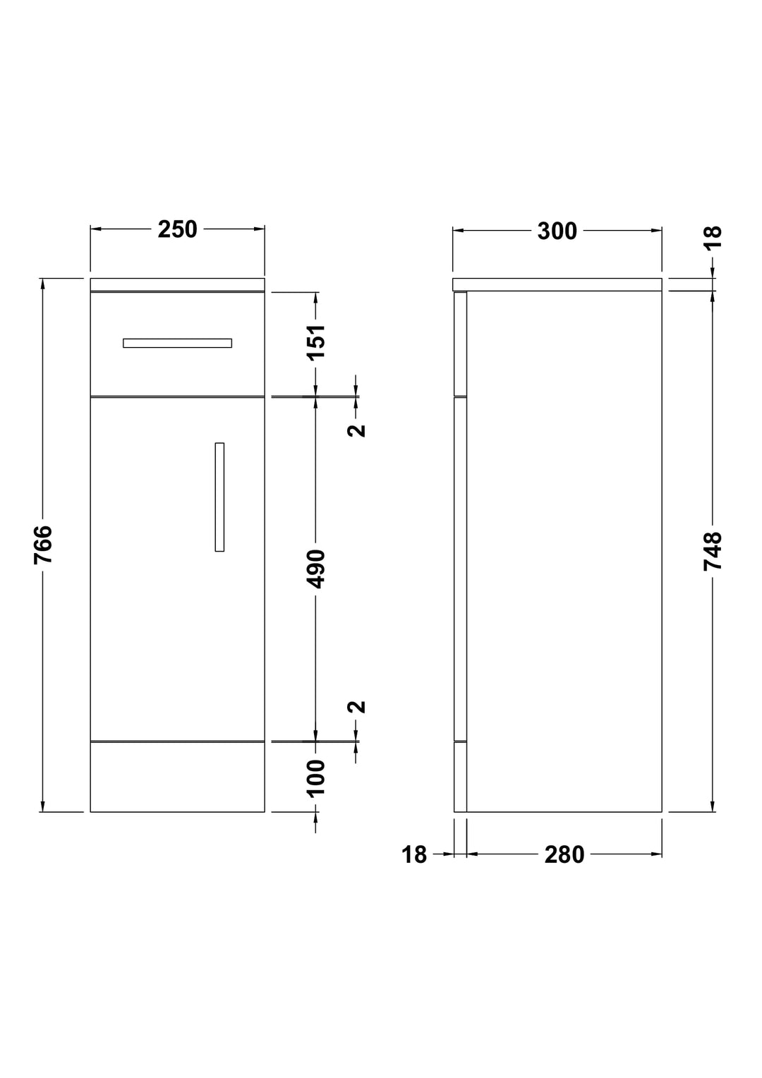 Floor Standing Single Door and Drawer Slim Cupboard 250mm - Oslo By Voda Design