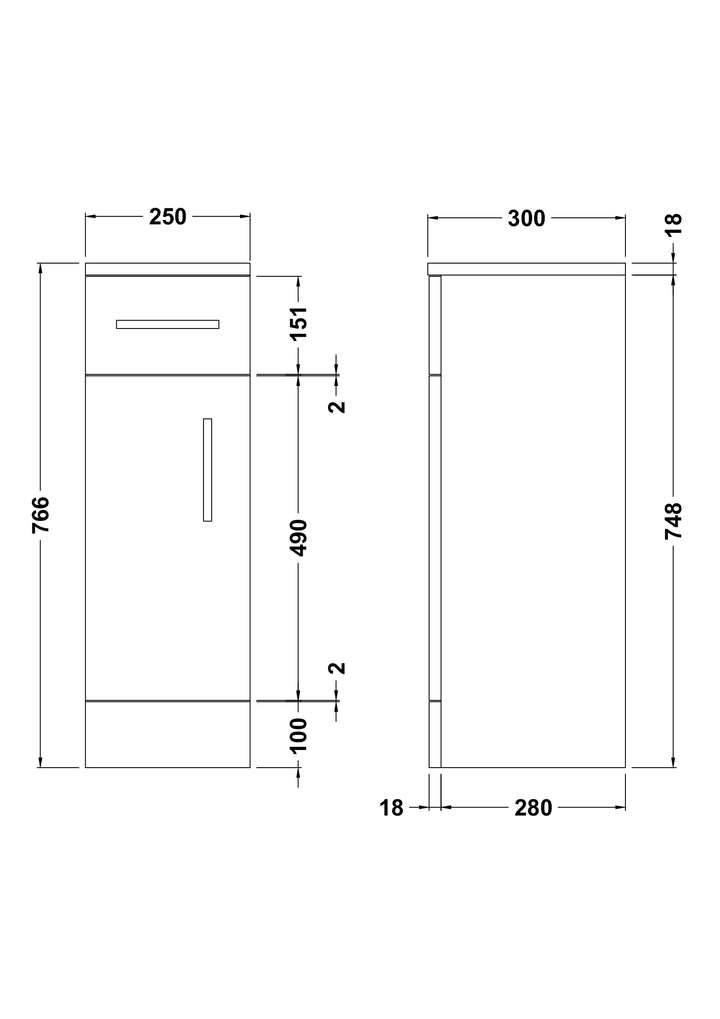 Floor Standing Single Door and Drawer Slim Cupboard 250mm - Oslo By Voda Design