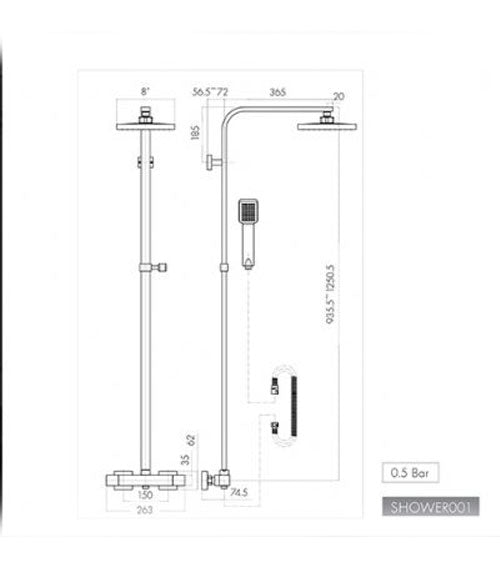 Square Exposed Thermostatic Shower Valve Including Handset & Hose