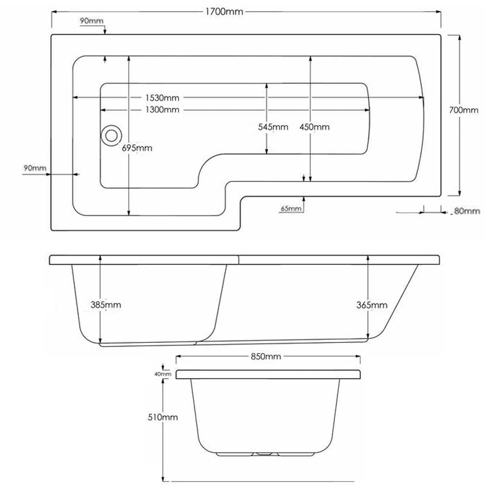 1700mm Left Hand L Shaped Bath - Union L By Voda Design
