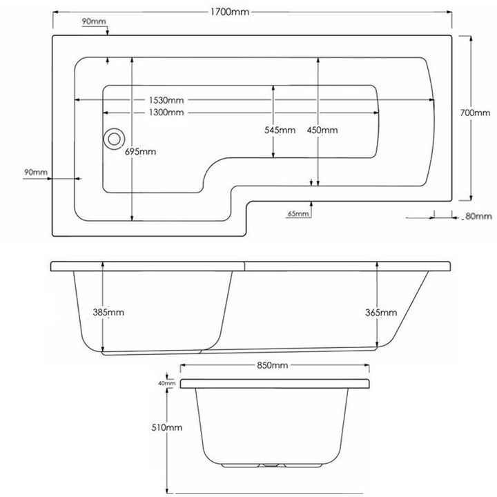1700mm Left Hand L Shaped Bath - Union L By Voda Design