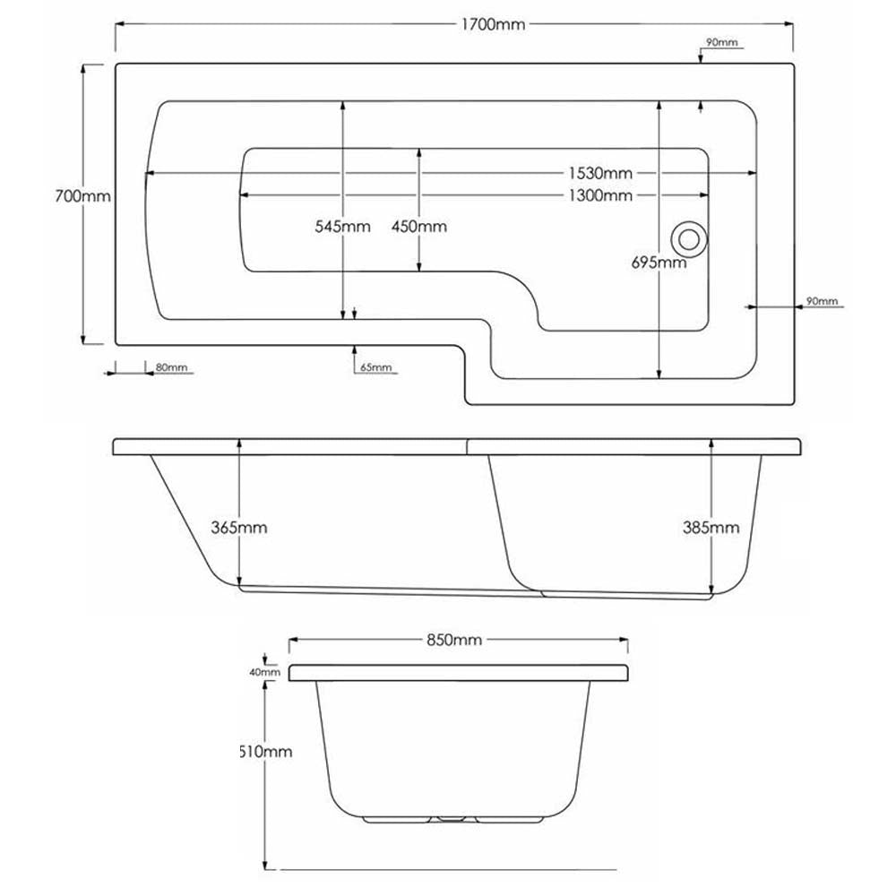 1700mm Right Hand Premier L Shaped Bath - Union L By Voda Design