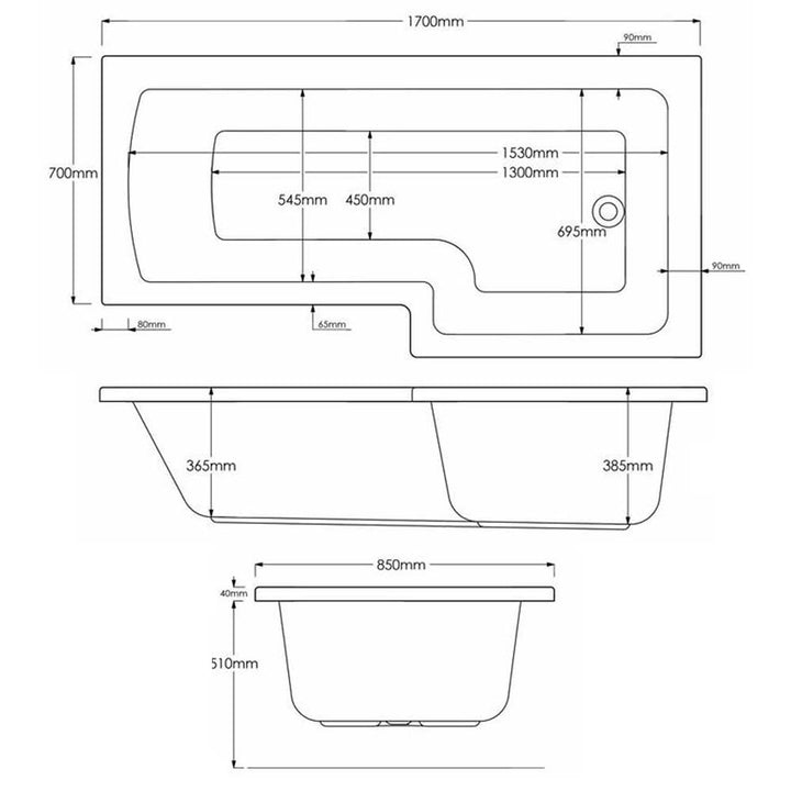 1700mm Right Hand Premier L Shaped Bath - Union L By Voda Design