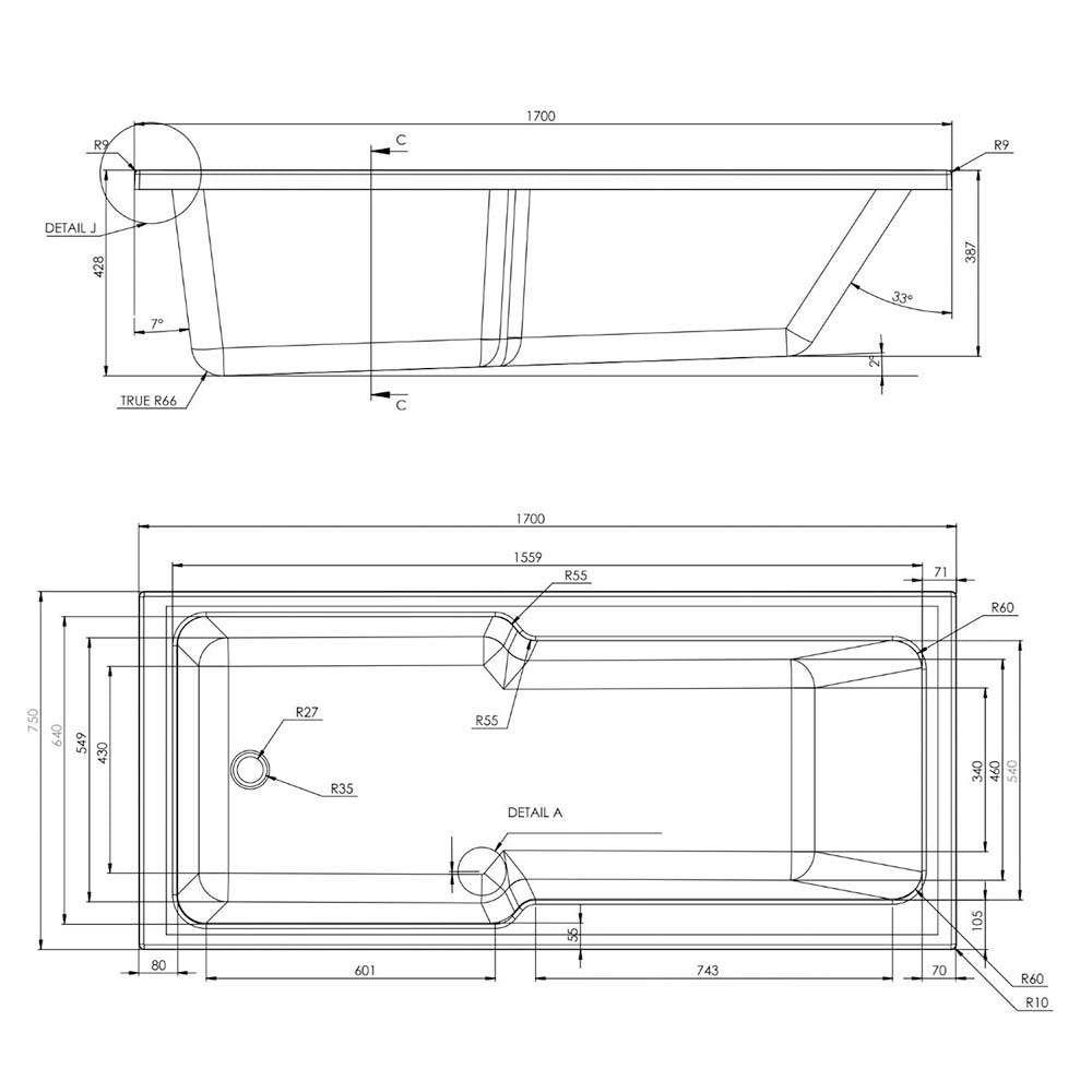 1700 x 750mm Shower Bath - Inspire By Voda Design
