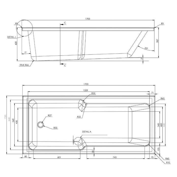 1700 x 750mm Shower Bath - Inspire By Voda Design