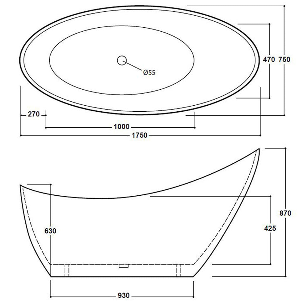 Freestanding Modern Luxury Thin Edged Slipper Bath 1750mm Black - Picasso By Voda Design