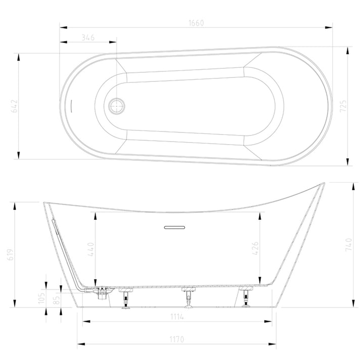 Freestanding Modern Slipper Bath 1660mm - Britta By Voda Design