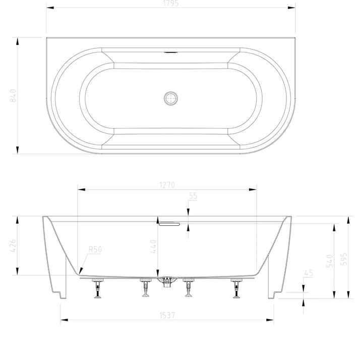 1800mm D Shape Freestanding Back To Wall Bath