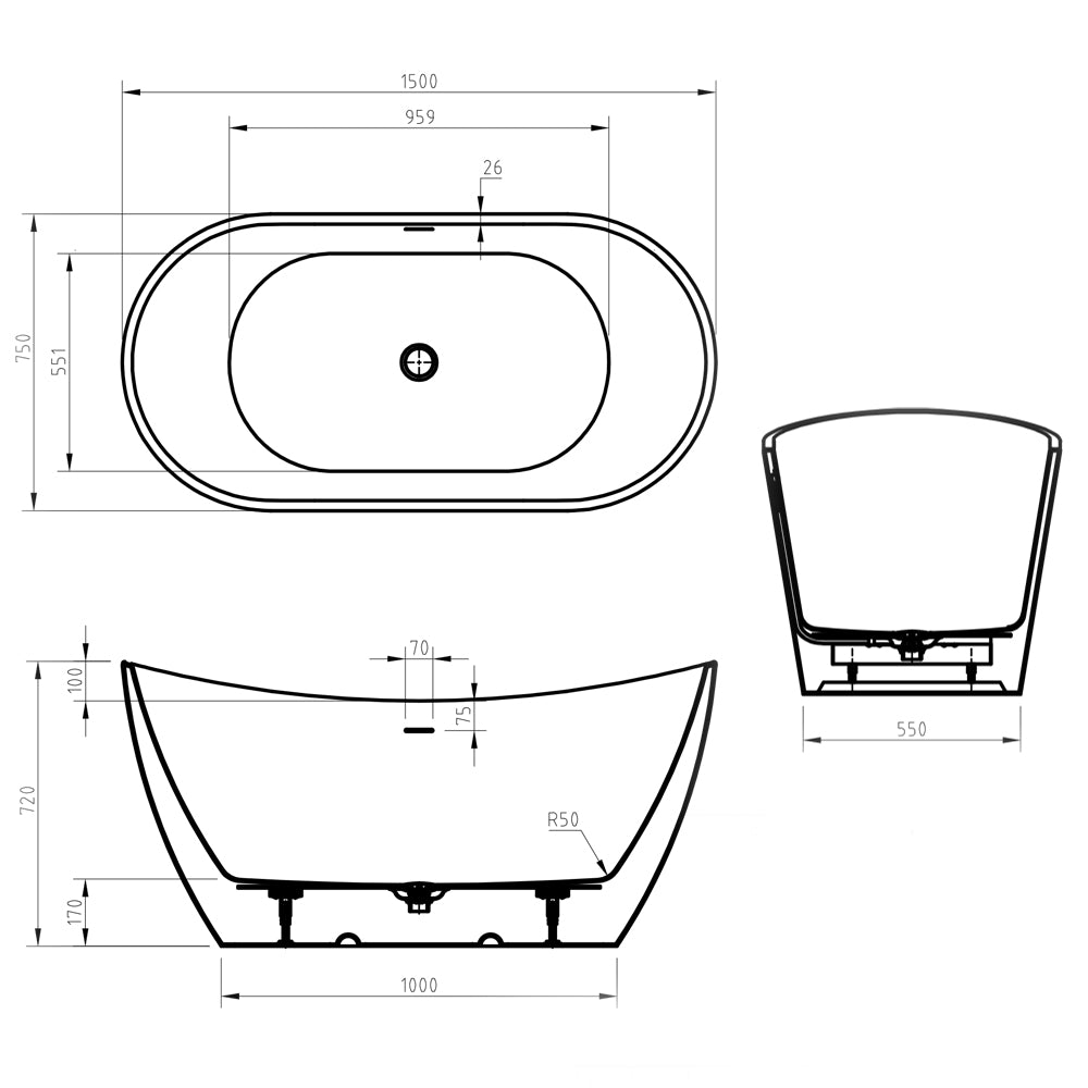 Freestanding Modern Double Ended Bath 1500mm - Rose By Voda Design