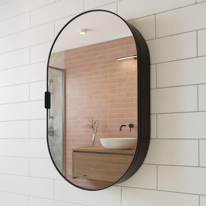 800 x 500mm Mirror Cabinet With Backlit LED Lights - Black Framed Oval/Tablet