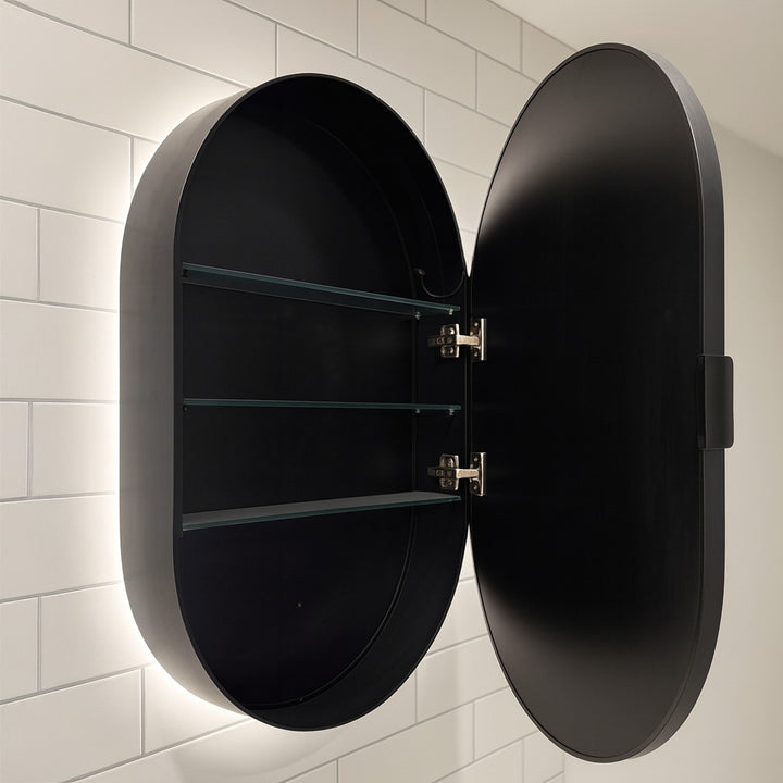 800 x 500mm Mirror Cabinet With Backlit LED Lights - Black Framed Oval/Tablet