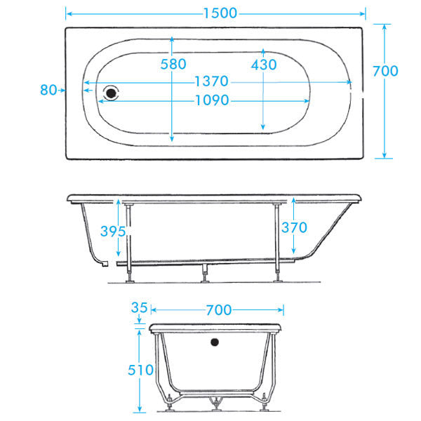 1500x700mm Single Ended Bath - Zane 200 SE by Voda Design