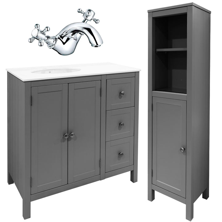 Traditional Vanity Unit, Tap & Tall Boy Pack - Grey - VODASUITE28