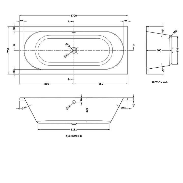 Round Double Ended Bath 1700 x 750mm - VBATH007