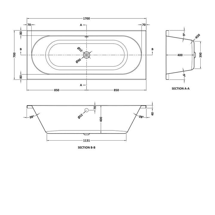 Round Double Ended Bath 1700 x 700mm - VBATH008