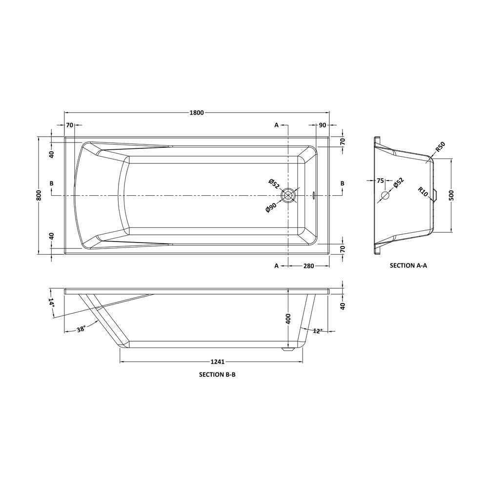 Square Single Ended Bath 1800 x 800mm - VBATH028