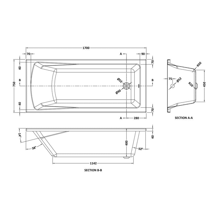 Square Single Ended Bath 1700 x 750mm - VBATH029