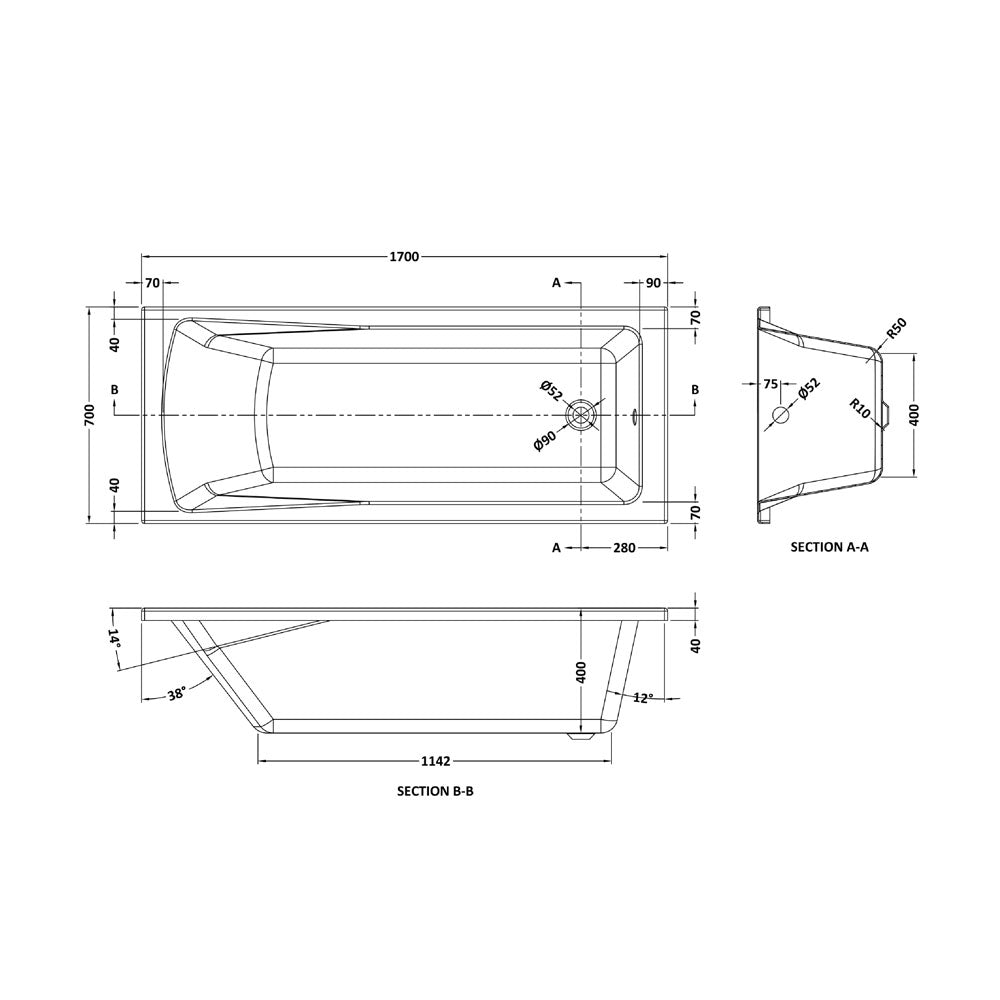 Square Single Ended Bath 1700 x 700mm - VBATH030