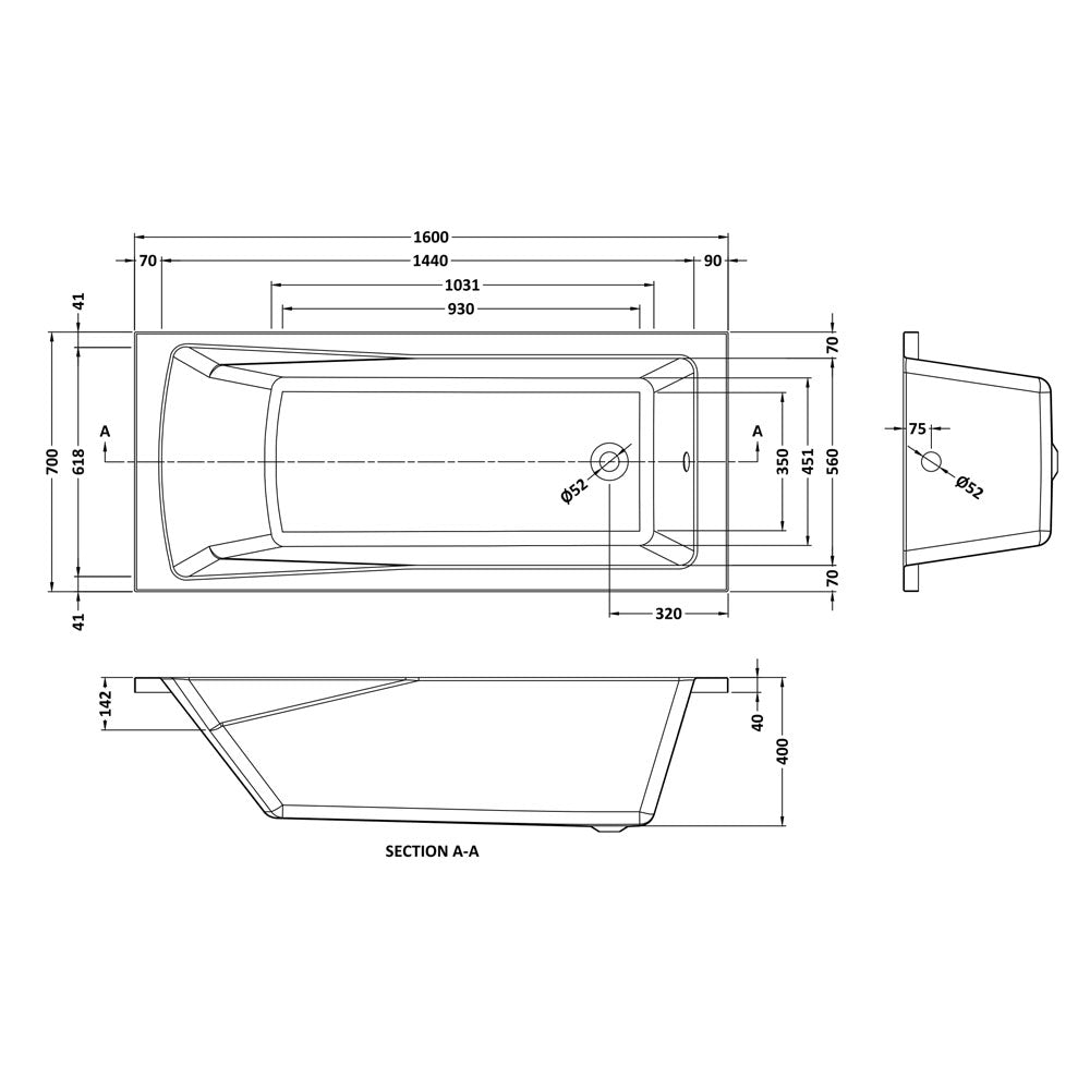 Square Single Ended Bath 1600 x 700mm - VBATH031