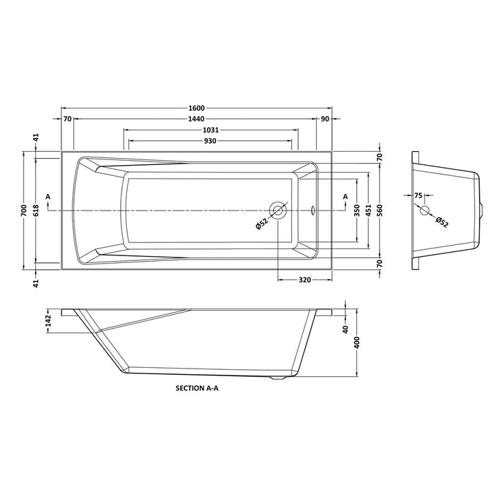 Square Single Ended Bath 1600 x 700mm - VBATH031