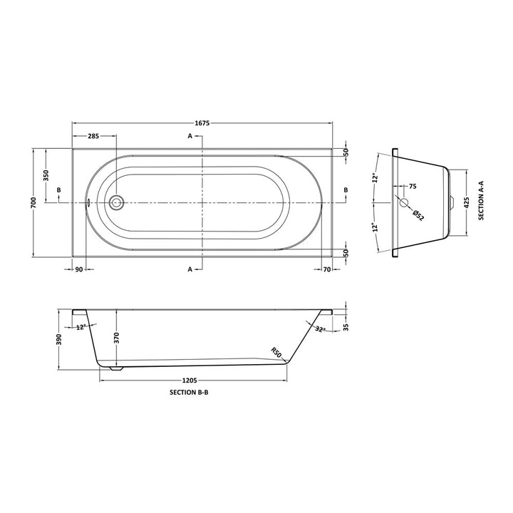 Round Straight Bath  1675 x 700mm - VBATH039