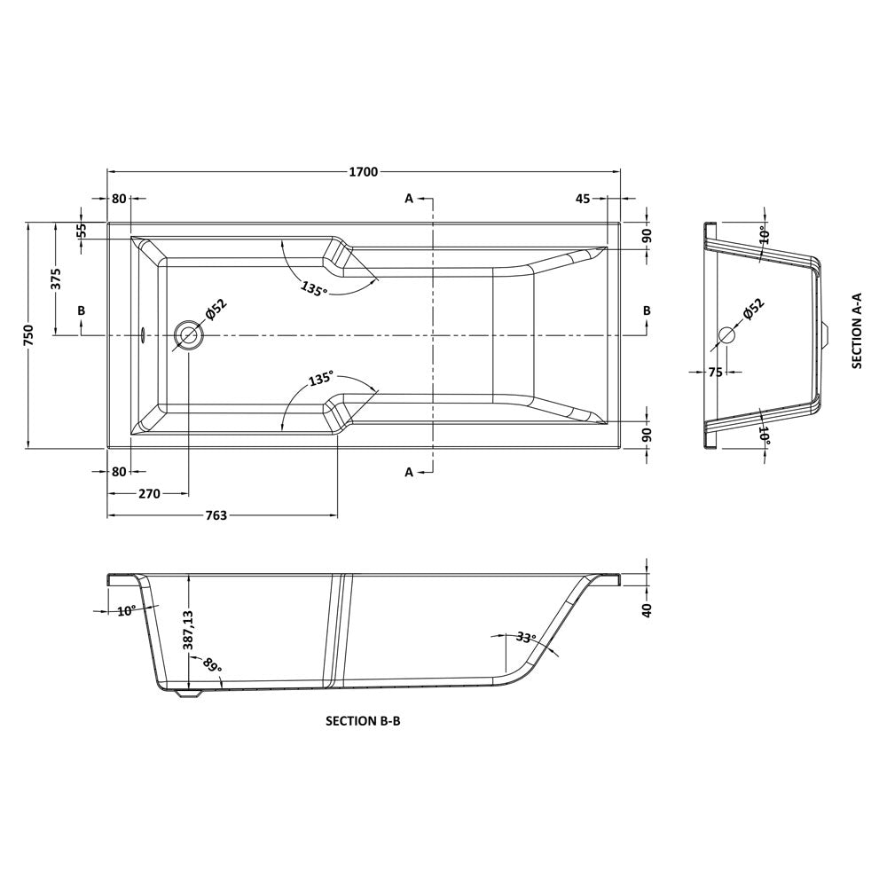 Square Straight Shower Bath 1700 x 750mm - VBATH041