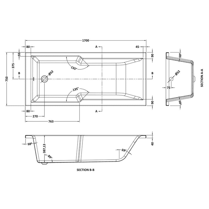 Square Straight Shower Bath 1700 x 750mm - VBATH041