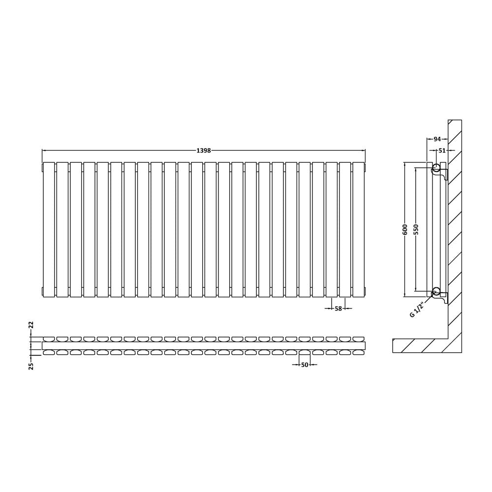 Horizontal Double Panel Radiator 600 x 1398 - Satin White - VHEA040