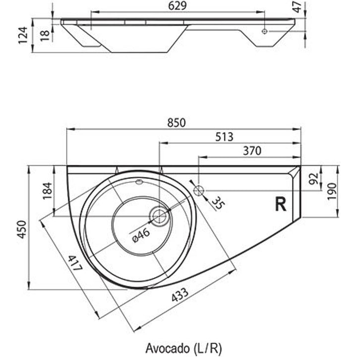 Ravak Avocado Wall Hung Basin - Right Hand  (1149)