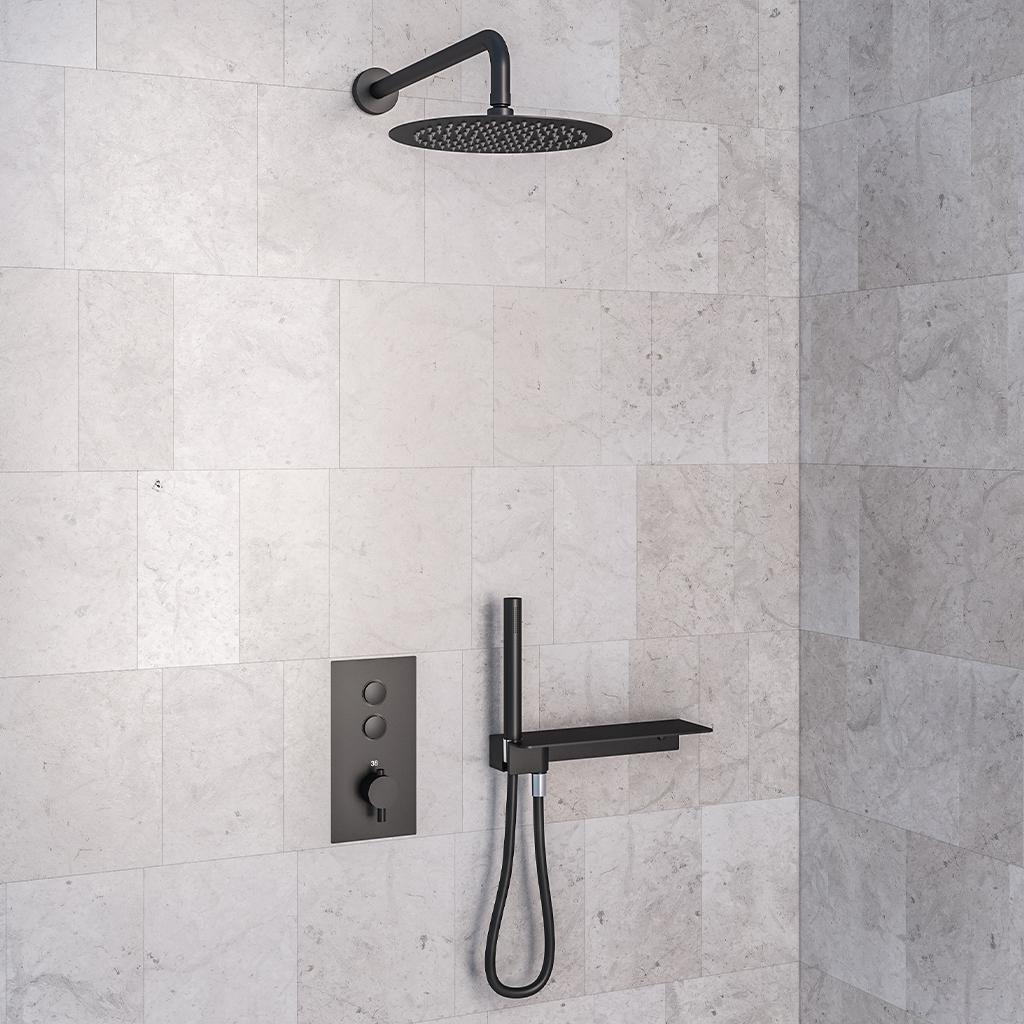 Concealed Push Button Valve, Shower Shelf, withh Head & Arm Black