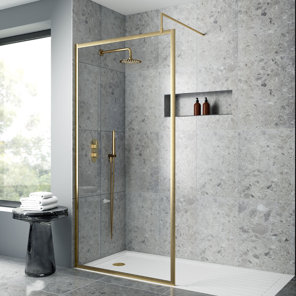 1200mm Full Outer Frame Wetroom Screen - Brushed Brass - V-WETFRBB1812