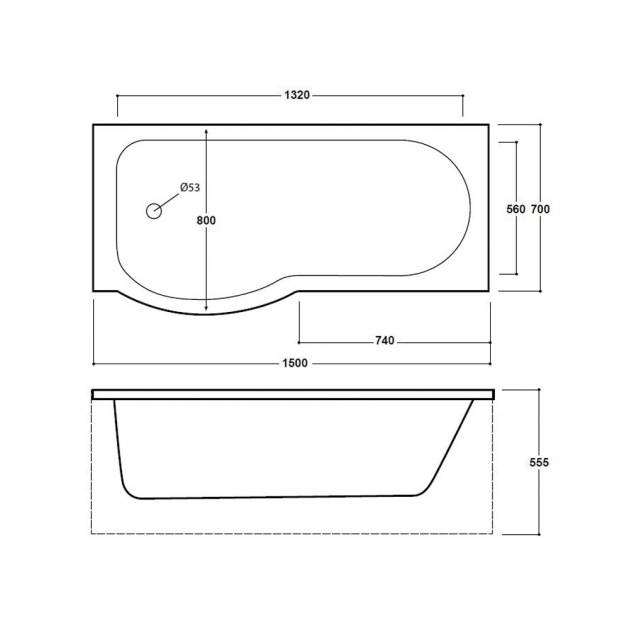 1500mm P Shower Bath Made In UK, with Screen & Bath Panel