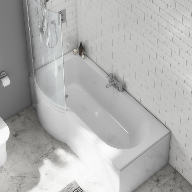 1600mm P Shower Bath Made In UK, with Screen & Bath Panel