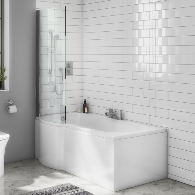 1675mm P Shower Bath Made In UK, with Screen & Bath Panel
