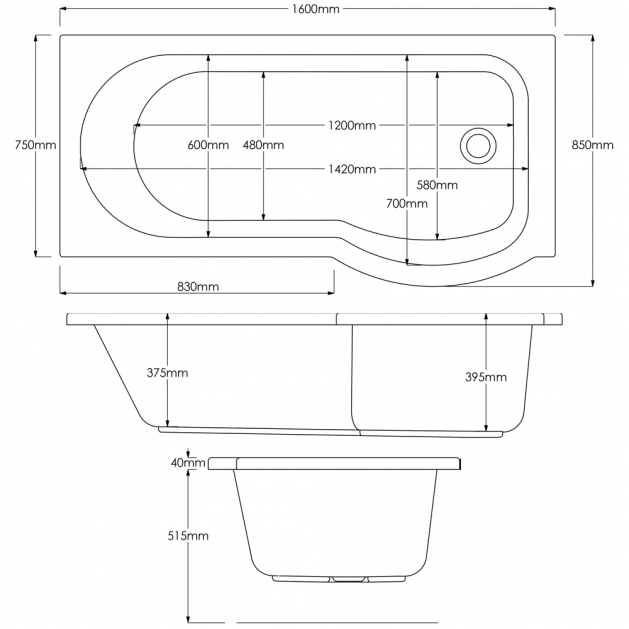 1600mm P Shower Bath Made In UK, with Screen & Bath Panel