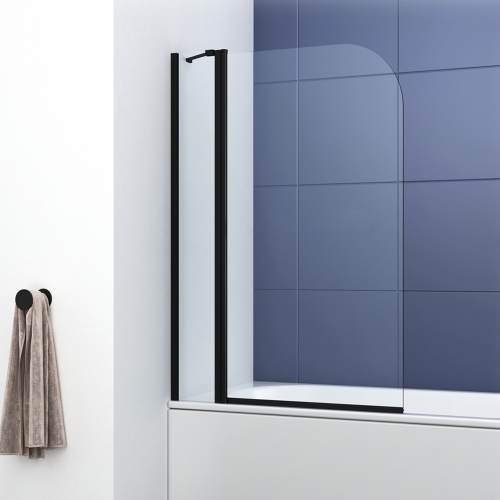 1400mm Black Extended Straight Bath Screen with Curved Corner - Kaso 6 by Voda Design (6mm Thick)