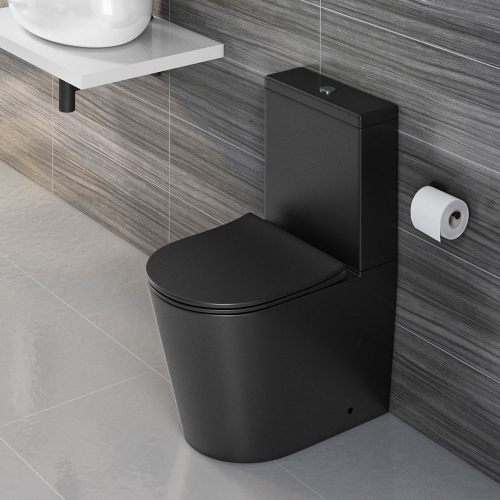 BLACK Close Coupled Rimless Toilet Pan, Cistern & Slimline SC Seat