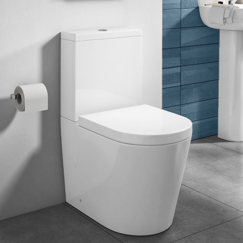 Rimless Close Coupled Modern Toilet - With Soft Close Seat (Fully Back To Wall) 