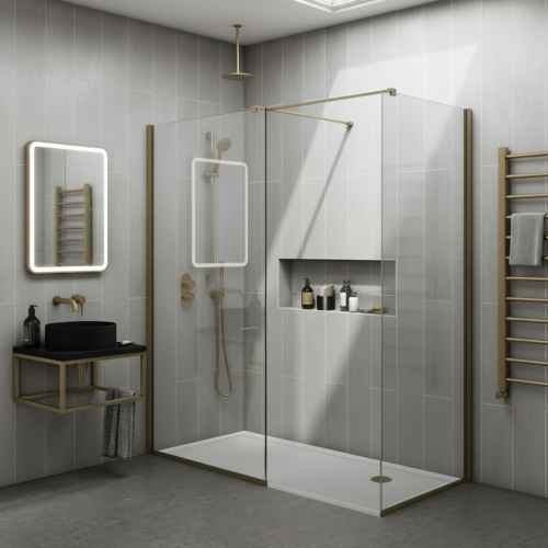 1400x800mm Brushed Brass Wetroom Bundle Includes Glass Panels, Shower Tray & Waste