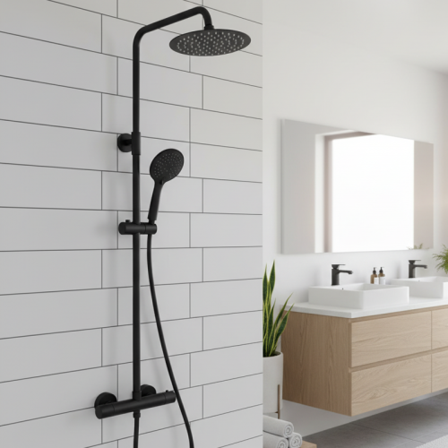 Black Thermostatic Shower Round With Diverter