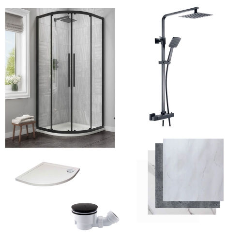Black Quadrant Enclosure, Tray & Thermostatic Shower Bundle -  Includes Wetwall (Twin Pack)