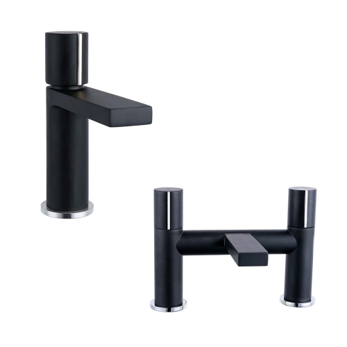 Basin & Bath Tap Set - Black Round Handle - By Voda Design