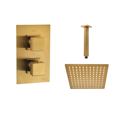 Aquadart Square Brushed Brass Thermostatic Concealed Shower Mixer with 200mm Fixed Head