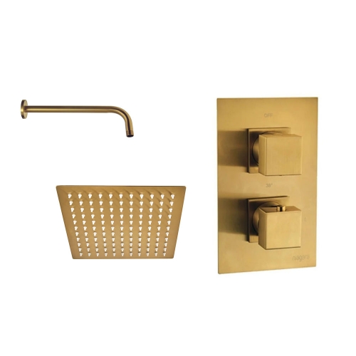 Aquadart Square Brushed Brass Thermostatic Concealed Shower with 200mm Fixed Head & WM Arm