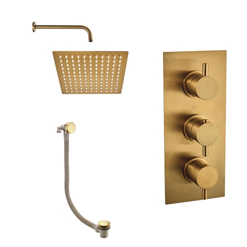 Aquadart Round Brushed Brass Thermostatic Shower Mixer with Fixed Head & Overflow Bath Filler