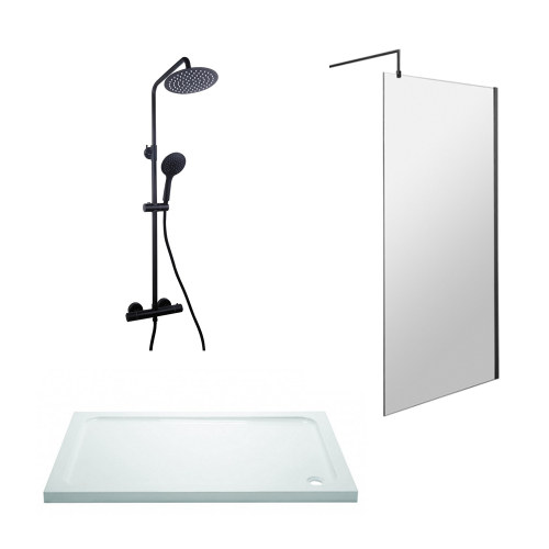 800mm Black Wetroom Bundle Includes Glass, Tray & Black Shower