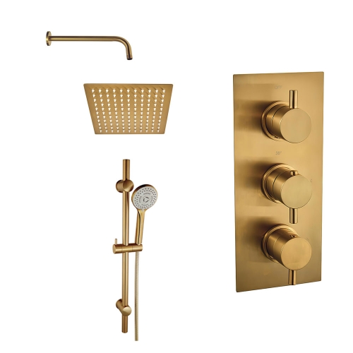 Aquadart Round Brushed Brass Thermostatic Shower Mixer with Fixed Head & Slider