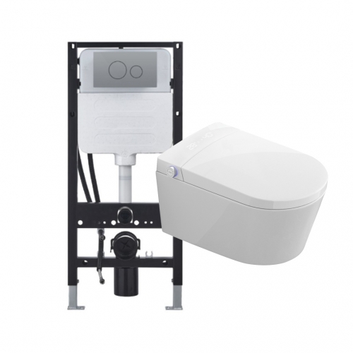 Wall Hung Smart Toilet with Wal Frame & Chrome Flush Plate