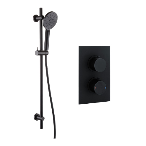 Black Round Concealed Twin Thermostatic Shower Valve & Slide Rail Kit - Bathshop321